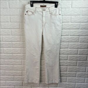 JUDY BLUE CROPPED BOOTCUT WHITE JEANS WITH BROWN STITCHING HI RISE SZ 7/28